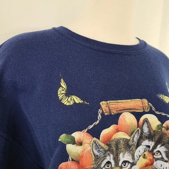 Vintage cat sweatshirt kittens apple basket fall harvest navy blue size large - Picture 4 of 6